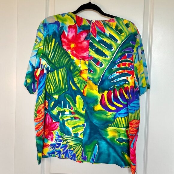 Diane Gilman Silk Blouse Vibrant, Multicolored Floral & Foliage Pattern Size 2x - Picture 3 of 9